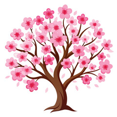 A blooming cherry blossom tree with delicate pink flowers, on a clean white background, a beautiful spring design.