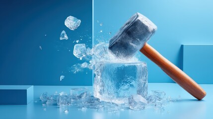 Hammer striking ice block creates dynamic shards and splashes on a blue surface