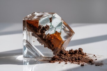 Shattered glass sculpture resting on white surface with dirt and fragments in sunlight