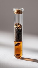 Glass test tube contains layers of soil and golden liquid with contrasting textures and materials
