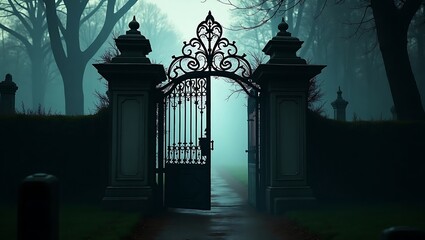 Mysterious Gothic Cemetery Gate in Foggy Forest