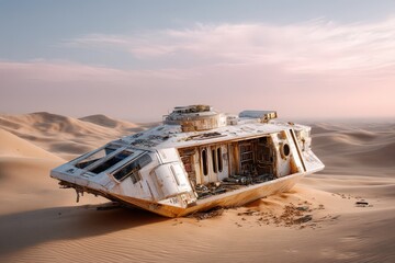 Abandoned spacecraft rests in vast desert landscape at sunset