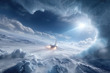 Jet aircraft soaring through icy clouds at high altitude on a clear day