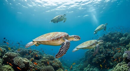 Obraz premium A serene underwater scene featuring sea turtles swimming gracefully near coral reefs and vibrant