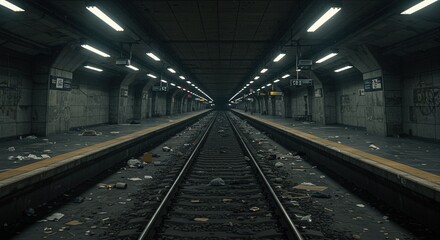 Deserted Subway Platform: Gritty Urban Decay and Linear Perspective