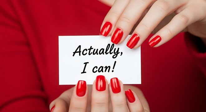 Woman showing a card with an empowering message about self-belief and capability