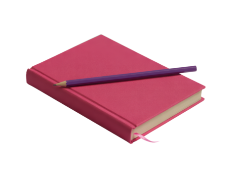 Pink notebook with purple pencil on white
