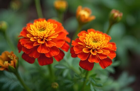Close-up of vibrant red French marigold flowers blooming in garden. Colorful blossoms with orange centers add beauty to natural outdoor spaces. Marigolds popular for bright appearance, often used in - Powered by Adobe