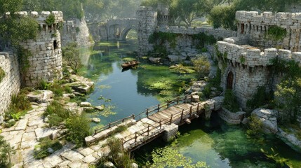 Fototapeta premium Ruined stone castle, watery moat, overgrown