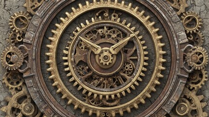 Ornate clock face, intricate gears and rusty metal