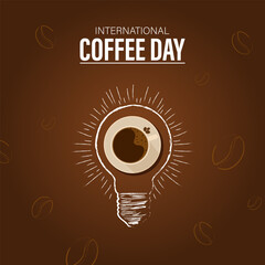 Creative coffee cup in lightbulb, symbolizing inspiration, on brown background with coffee beans. Concept for International Coffee Day and caffeine lovers.