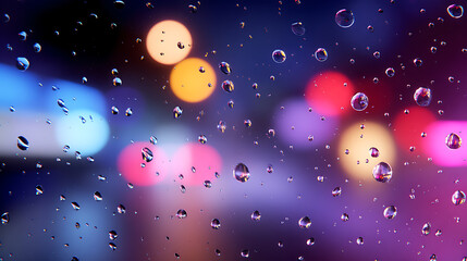 Raindrops on a window with a colorful bokeh background, creating a dreamy and atmospheric scene that evokes the feeling of a rainy evening.