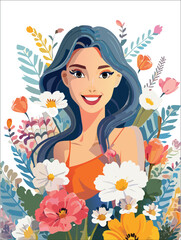  Creative art collage with beautiful meadow flowers and woman on color background