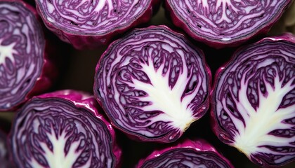 Fototapeta premium Macro shot of sliced red cabbage vibrant purple layers, crisp white core. Fresh vegetable displays intricate leafy texture. Healthy ingredient for cooking, culinary creations. Rich in vitamins,