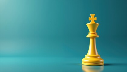 3D cartoon chess king piece in yellow. Minimalist style illustration against smooth blue background. Ideal for game design, strategy concepts, and creative projects requiring bold visuals.
