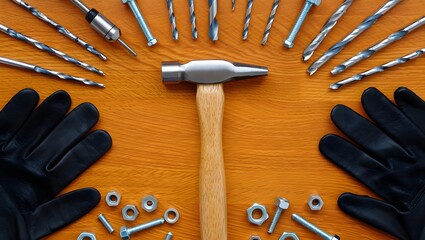 Hammer drills gloves nuts bolts arranged on wooden surface drill bits