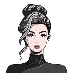  Black and white fashion art studio portrait of beautiful elegant woman in black turtleneck. Hair is collected in high beam. Elegant ballet style