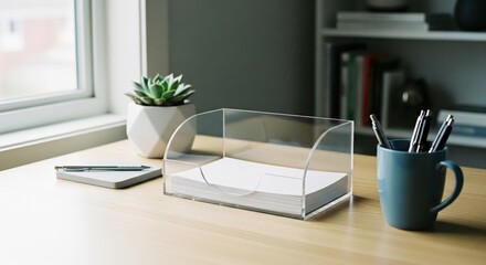Organized home office desk with paper tray and supplies.