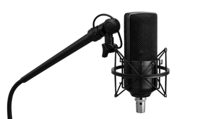 Black Microphone captures audio in a studio setting. It is used for podcasts, voice overs, streaming, sound recordings, or professional audio work.