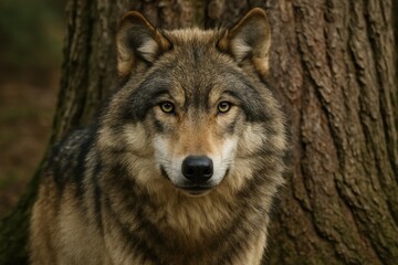 Naklejka premium Close-up portrait of a wild gray wolf with piercing eyes, set against a natural forest background