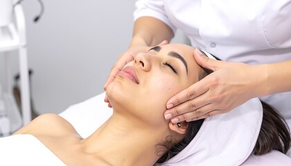Obraz premium A serene woman relaxes as a skilled therapist gently massages her face at a tranquil spa, surrounded by soft lighting and calming decor.