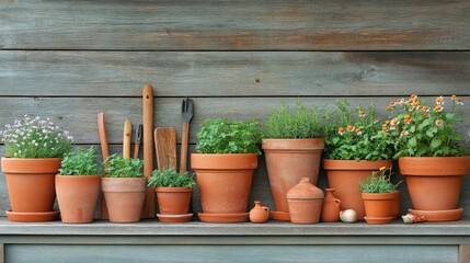 Terracotta pots with herbs and kitchen tools on a wooden shelf