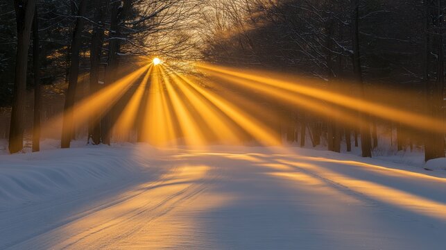 Golden sunbeams pierce winter woods