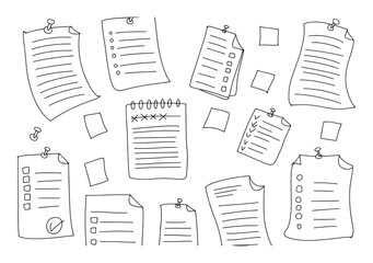 Hand drawn notes and checklists pinned and scattered paper