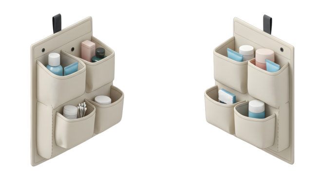 Beige textured organizer hangs; features pockets, soft lighting, studio shot. Ideal for product presentation, bathroom decor, or lifestyle presentation.