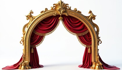 Ornate golden archway featuring rich red drapes adorned with tasseled trim. Luxurious entryway, with intricate detailing, regal aesthetic, suggests grand Indian wedding ceremony, temple entrance,