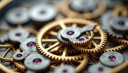 Intricate arrangement of mechanical clock gears, horological craftsmanship, watchmaking artistry. Golden, silver metallic components with ruby bearings exhibit precise engineering, traditional