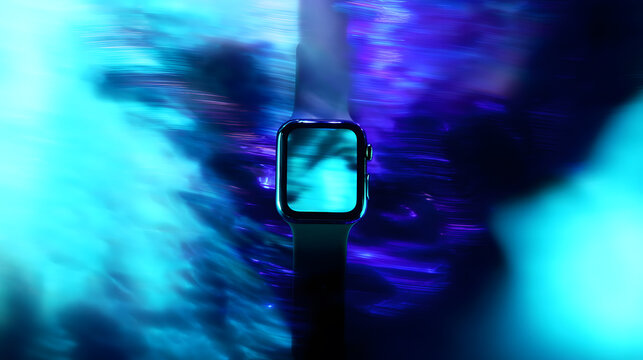 Smartwatch Mockup with Vibrant Blue and Purple Light Trails against a Futuristic Background