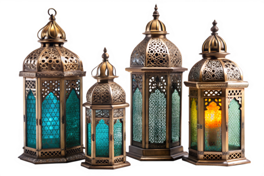 Photo of a set of four ornate, traditional arabic lanterns with intricate patterns and glowing lights, isolated on a transparent background