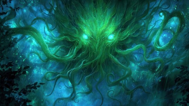 A glowing emerald entity of swirling tendrils and piercing eyes emerging from a dark forest