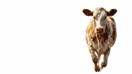 Spotted cow running towards camera, showcasing the animal's robust build and energy on transparent background silhouette