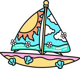 Retro Groovy Summer Cartoon Sailboat with Sun, Clouds, and Seashells
