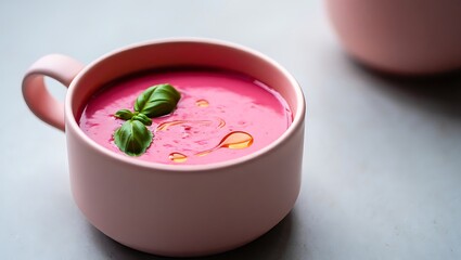 Refreshing pink cold soup garnished with fresh basil leaves