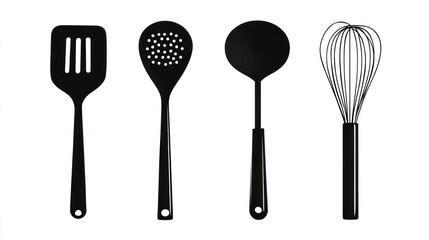 Silhouetted kitchen tools slotted spatula, spoon with holes, turner, and wire whisk