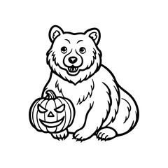 A cute cartoon bear illustration sitting beside a carved Halloween pumpkin with a spooky face, presented in black and white.