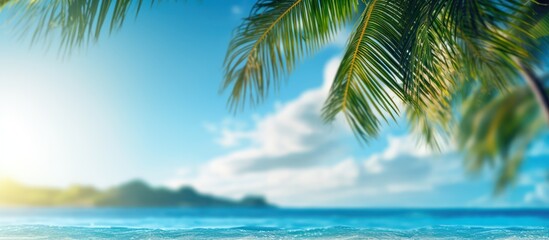 Fototapeta premium tropical beach, palm trees, clear blue sky, ocean waves, golden sunset, serene landscape, idyllic vacation scene, calming and peaceful atmosphere 