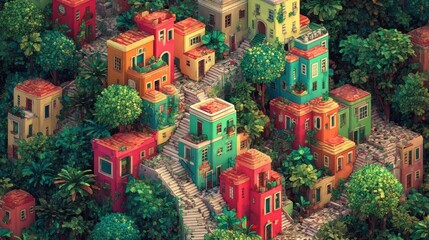 Fototapeta premium Colorful hillside village nestled in lush greenery