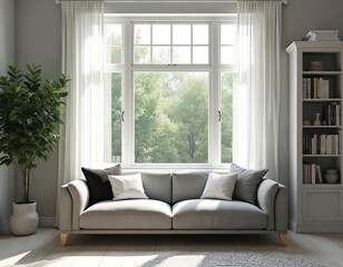 Minimalistic Scandinavian living room features grey sofa, white bookcase, large window with green trees outside. Light gray walls, clean lines, natural light create serene, comfortable atmosphere.