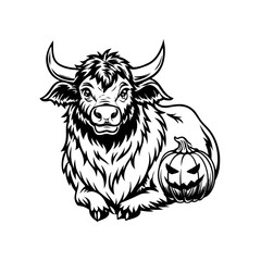 A detailed black and white illustration depicting a powerful bull resting beside a spooky Halloween pumpkin.