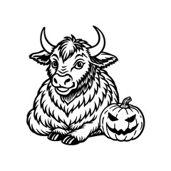 A cute cartoon bull with shaggy fur sits next to a spooky carved Halloween pumpkin.