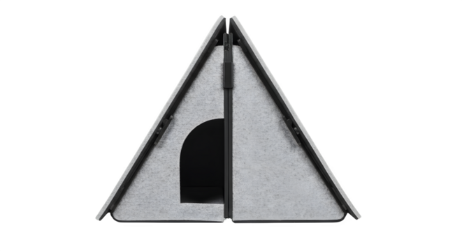 Gray triangle pet house sits on black background, showing a modern design. Ideal for product display, pet supply branding, or posters.