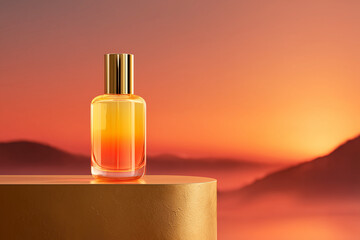 Naklejka premium A golden bottle of perfume on the podium, with an orange and pink gradient background, golden hour lighting, a sunset sky, and mountains in the distance. The style is minimalist. Elegant warm perfume.