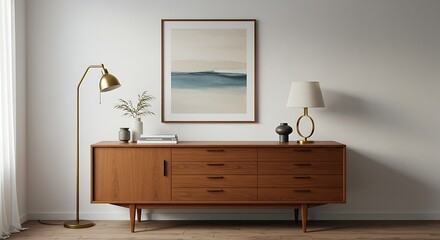 Elegant mid-century modern living room interior with a wooden sideboard and minimalist decor.