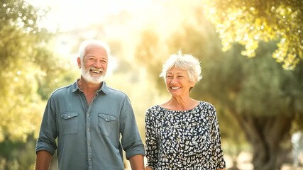 Happy elderly couple walking in a sunny park, smiling and holding hands, casual clothes, spring atmosphere active aging, senior lifestyle, happiness, outdoor - Powered by Adobe