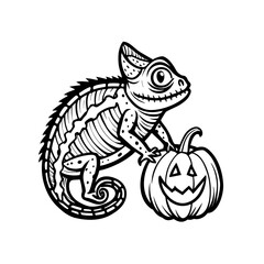 Black and white line art illustration of a chameleon next to a carved Halloween pumpkin.