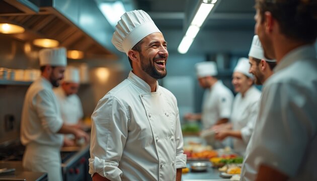 Smiling chef in toque laughs with kitchen staff. Teamwork in professional eatery. Diverse cooks prepare food with expertise and enjoyment. Busy restaurant atmosphere with chefs working together.